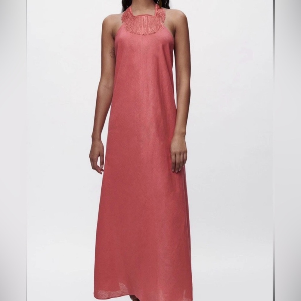 Zara Coral Pink Linen Maxi Dress, with Fringe
